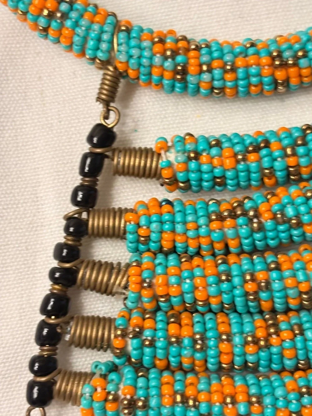 African Maasai Beaded Handcrafted Turquoise & Orange Beaded Statement Necklace